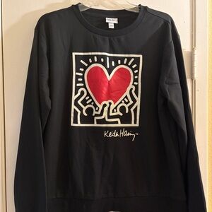 Keith Haring Black Sweatshirt with Red Heart Design Crew Neck